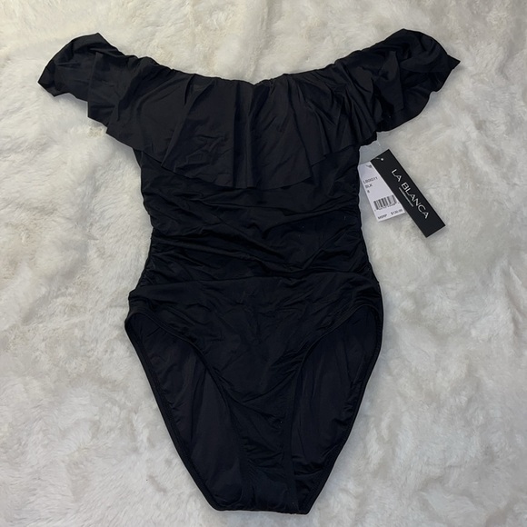NWT La Blanca Island Goddess Black Off the Shoulder One Piece Swimsuit Size 8 - Picture 4 of 16